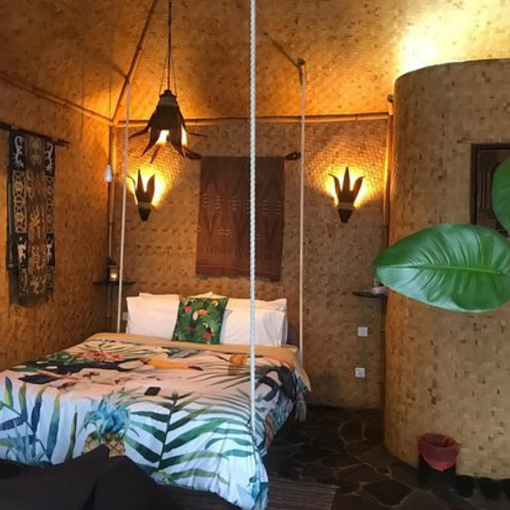 overnight in one of our 12 rooms with hanging bed in tree house